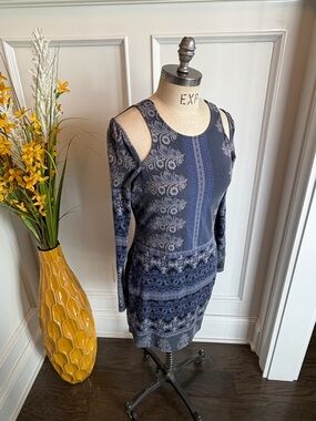 Intimately by Free People Cold-Shoulder Long Sleeve Patterned Knit Dress, Size M